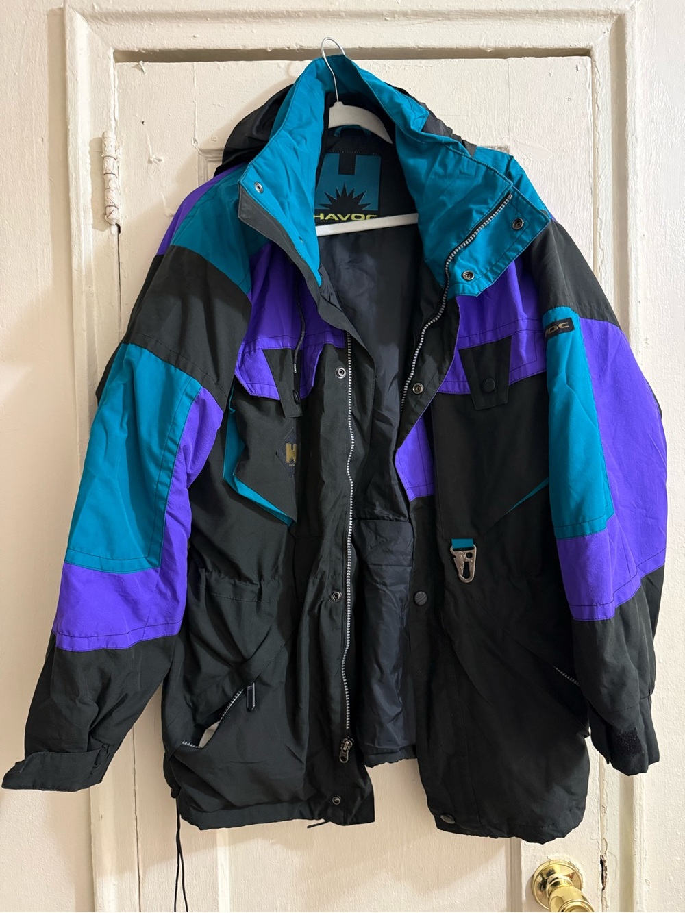 Vintage Men's Colorblock Black Teal Purple Ski Jacket